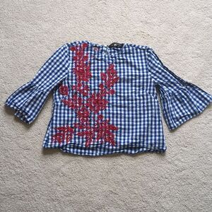 Zara Woman Cropped Gingham Embroidered Blouse Size S